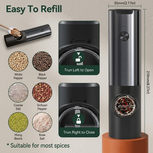 Electric mill adjustable grind dial and coarseness settings detail