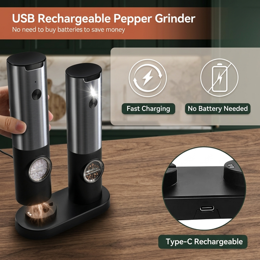 Electric salt and pepper mill set feature detail studio shot