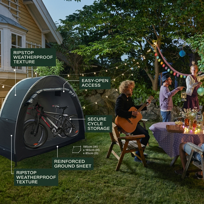 Black bike storage tent feature and structure detail