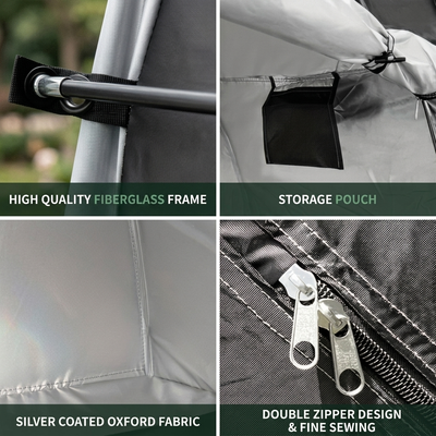 Black bike storage tent zipper entry and material detail