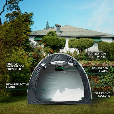Black bike storage tent dimensions and sizing detail