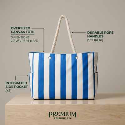 Gray beach tote dimensions and sizing information