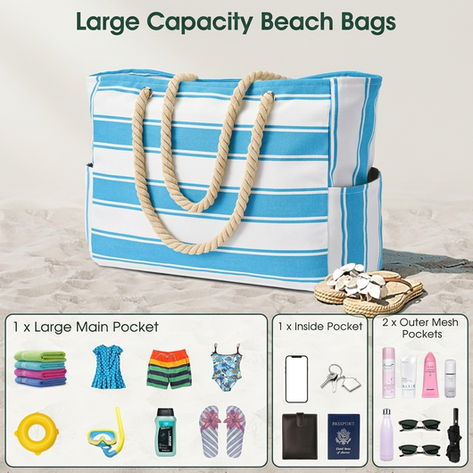 Gray beach tote zippered top closure detail