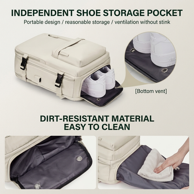 Beige 40L travel backpack front view studio detail