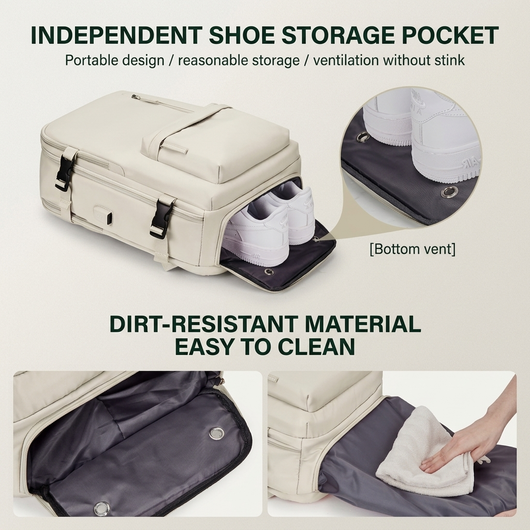 Beige 40L travel backpack front view studio detail