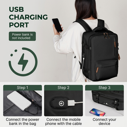 Beige 40L travel backpack USB charging port detail