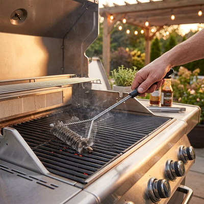 Grill brush scrubbing barbecue grates in a backyard