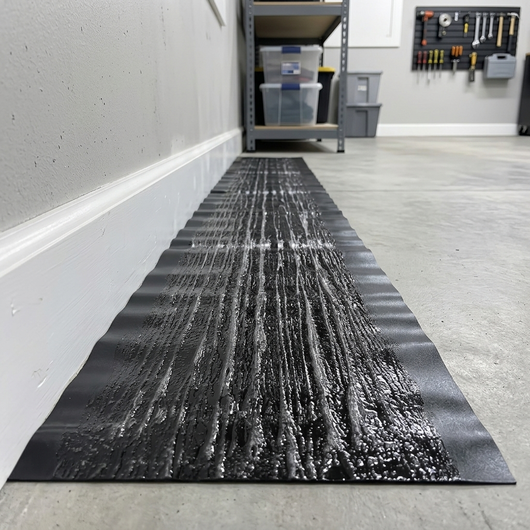 Glue trap laid flat along a garage baseboard