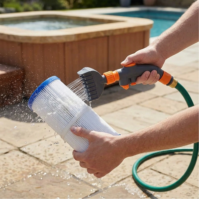 Filter cleaner wand rinsing a pool filter cartridge with a garden hose