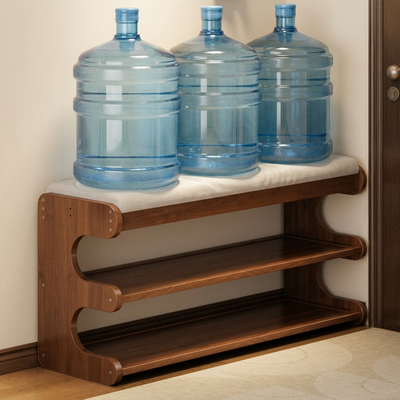 Shoe bench weight capacity demonstration with three water jugs on white cushioned seat