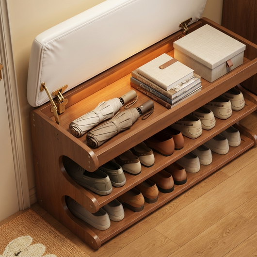 Flip top seat open showing hidden storage compartment inside bamboo shoe bench