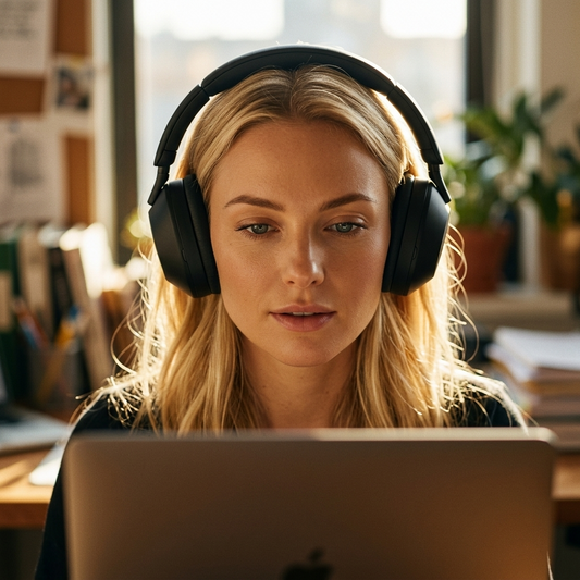 Person wearing black ANC headphones working at home office desk