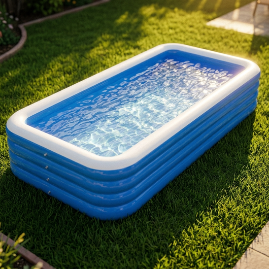 Large rectangular blue and white inflatable pool on backyard lawn