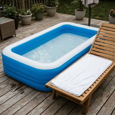 Inflatable pool on patio next to lounge chair showing scale