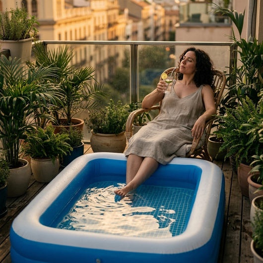Adult relaxing feet in inflatable pool on balcony golden hour