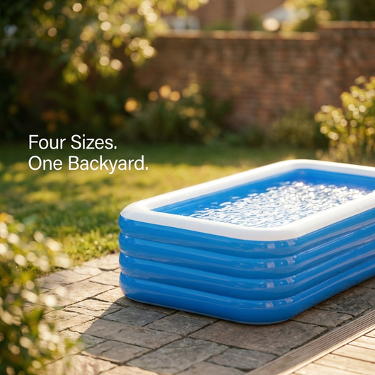 Rectangular inflatable pool with four sizes one backyard text overlay