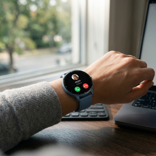 Person at a desk wearing a blue smartwatch with an incoming call notification