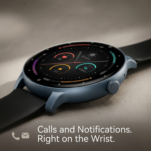 Black smartwatch with text overlay graphic