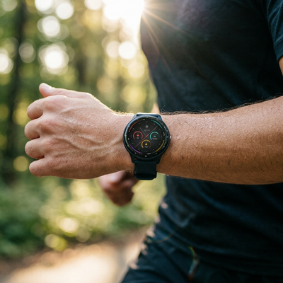 Person jogging outdoors wearing a black smartwatch