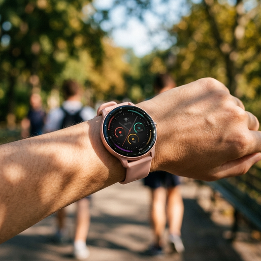 Person walking in a park wearing a pink smartwatch