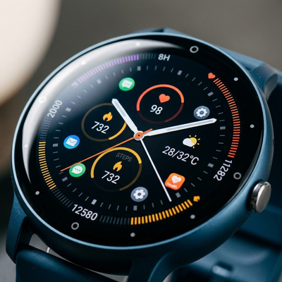 Close up of smartwatch touchscreen display showing app icons