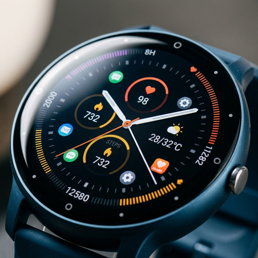Close up of smartwatch touchscreen display showing app icons