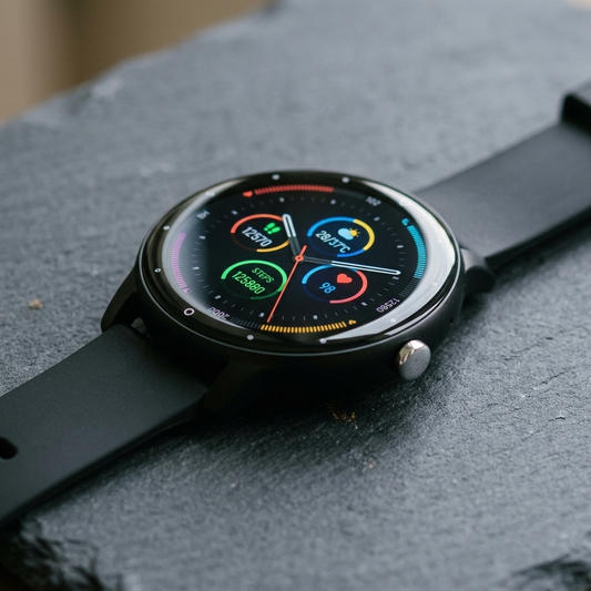Black smartwatch with HD touchscreen display product shot