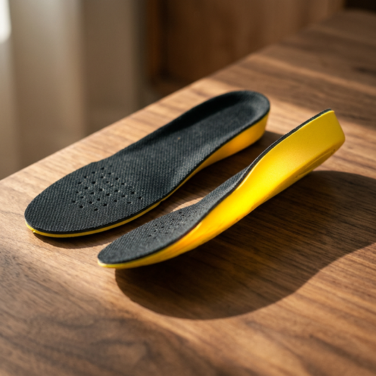 Black and yellow height increasing insoles pair on walnut wood surface