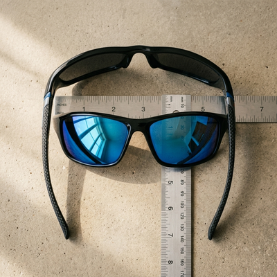 Black Blue Mirror sunglasses beside steel ruler showing frame width and lens size