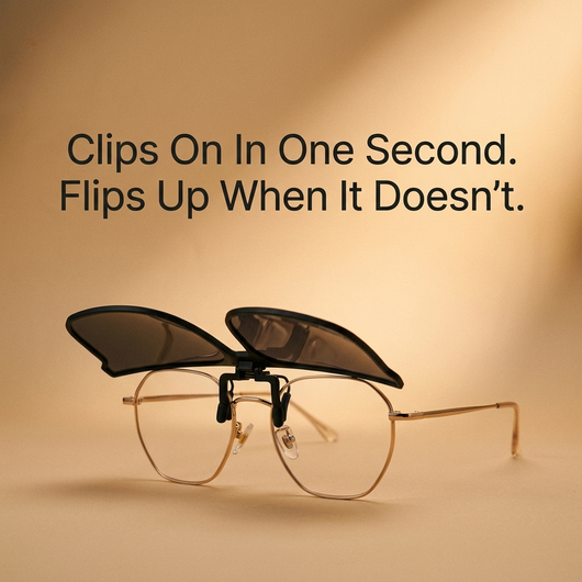 Clip-on polarized sunglasses on sand background with brand headline text
