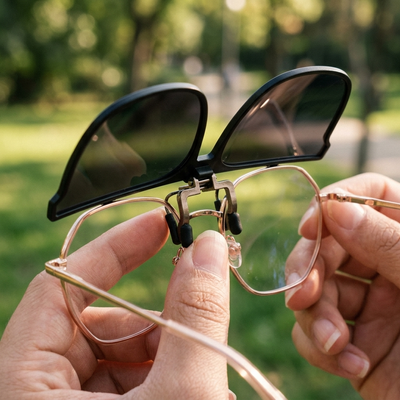 Close-up of clip-on sunglasses flipped up on prescription frames outdoors