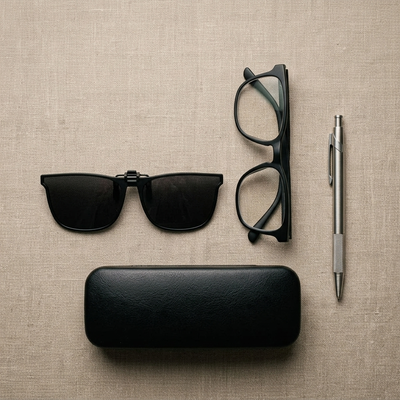 Flat lay showing clip-on sunglasses size beside glasses case and pen