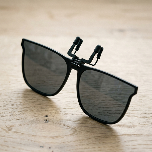 Black polarized clip-on sunglasses on oak surface with microfiber cloth