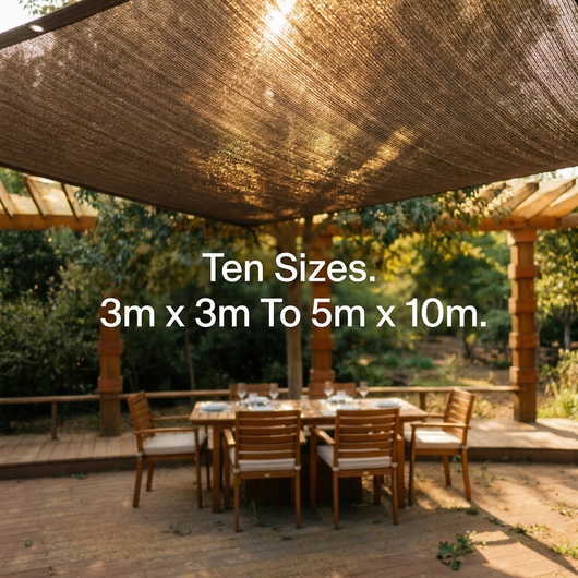 Brown shade cloth backlit overhead with size range headline text