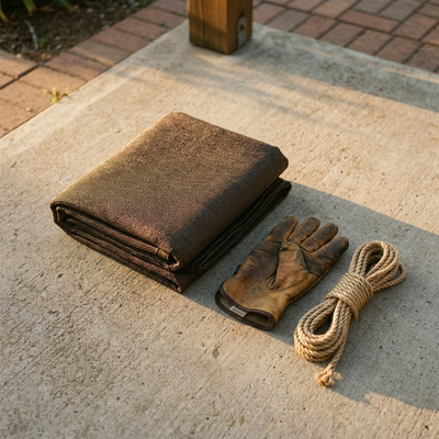 Folded brown shade cloth on patio beside work glove and rope for scale