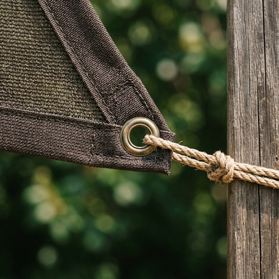 Close-up of reinforced shade cloth corner grommet roped to wooden post