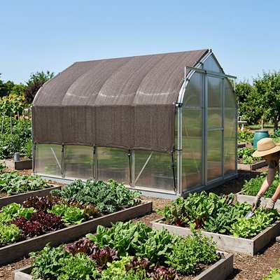Brown shade cloth covering greenhouse roof in vegetable garden
