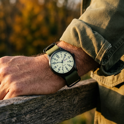 Green strap field watch worn on wrist resting on wooden fence outdoors