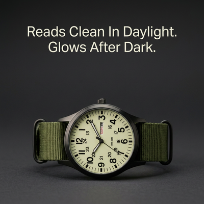 Field watch on charcoal background with legibility headline text