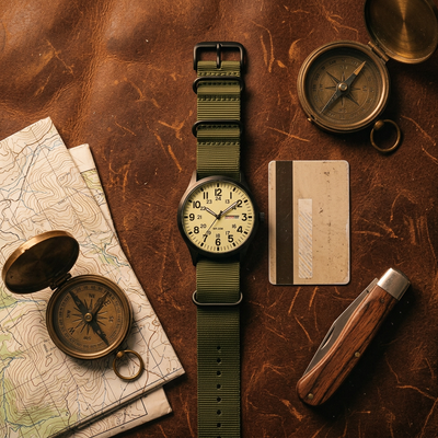 Flat lay of field watch with compass and map showing 44mm case scale
