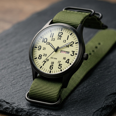 Black field watch with green NATO strap on slate surface