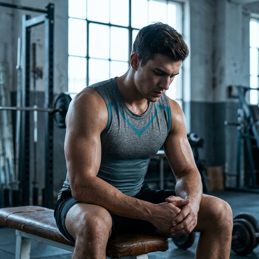 Gray compression training tank worn resting on weight bench between sets