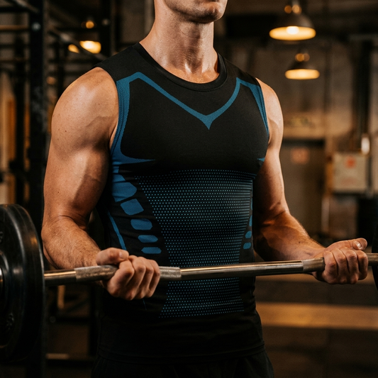Black compression training tank worn gripping barbell in industrial gym
