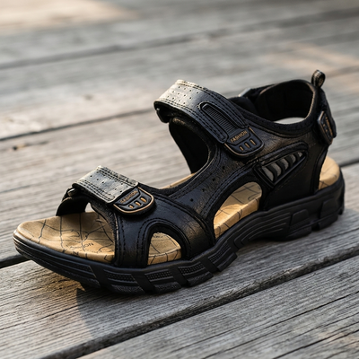 Black adjustable walking sandal three quarter view on wooden decking