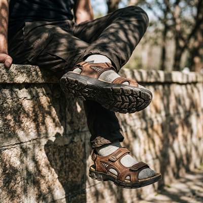 Brown walking sandal showing lug outsole tread seated on stone wall