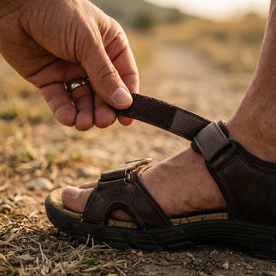 Hand adjusting instep strap on dark brown walking sandal close up