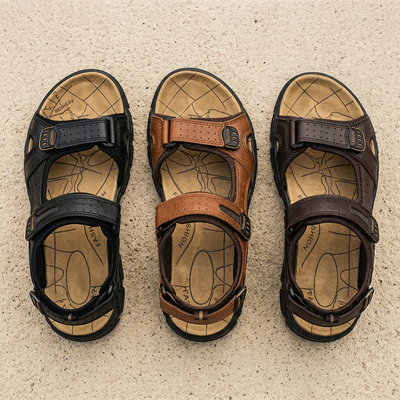 Black brown and dark brown walking sandals flat lay showing footbeds
