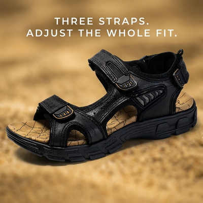 Black walking sandal profile with three straps adjust the whole fit text