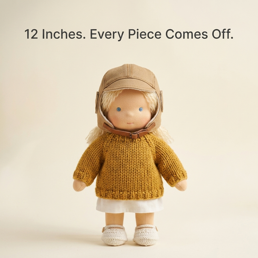 Waldorf style doll with 12 inches every piece comes off text overlay