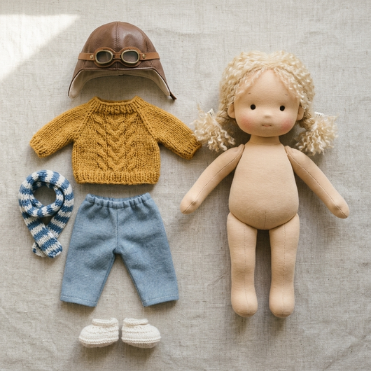 Waldorf doll flat lay beside removed sweater scarf trousers cap and boots
